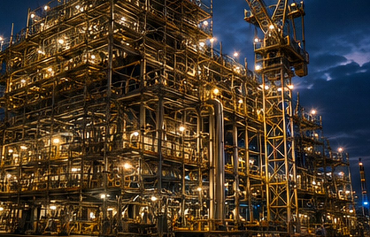 Large completed industrial scaffold project illuminated at night