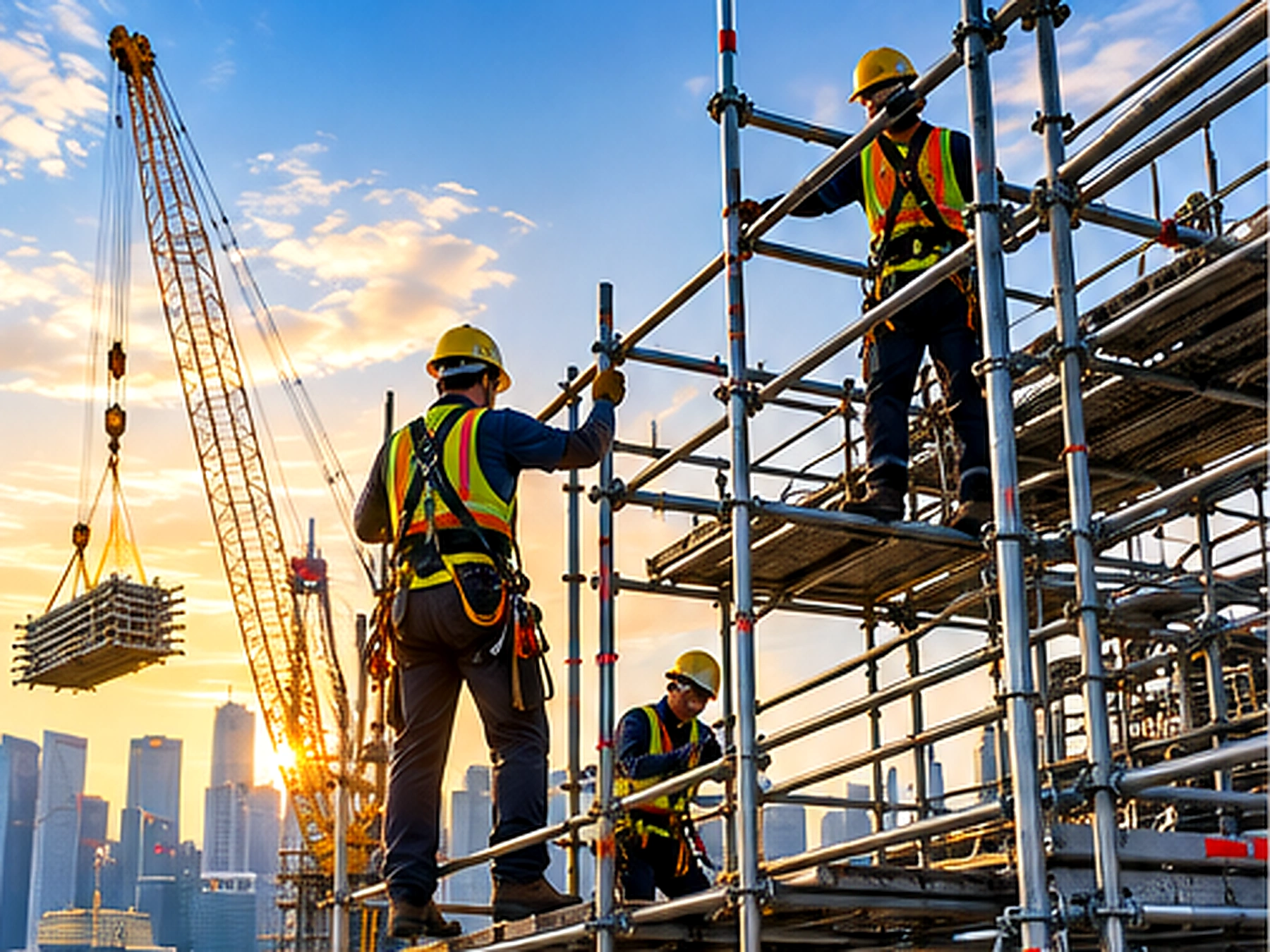 Scaffold erectors assembling a multi-level commercial access structure