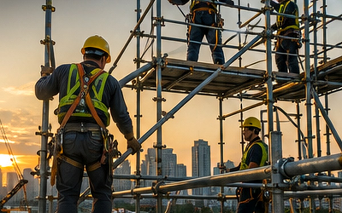 Scaffold erectors assembling a multi-level commercial access structure