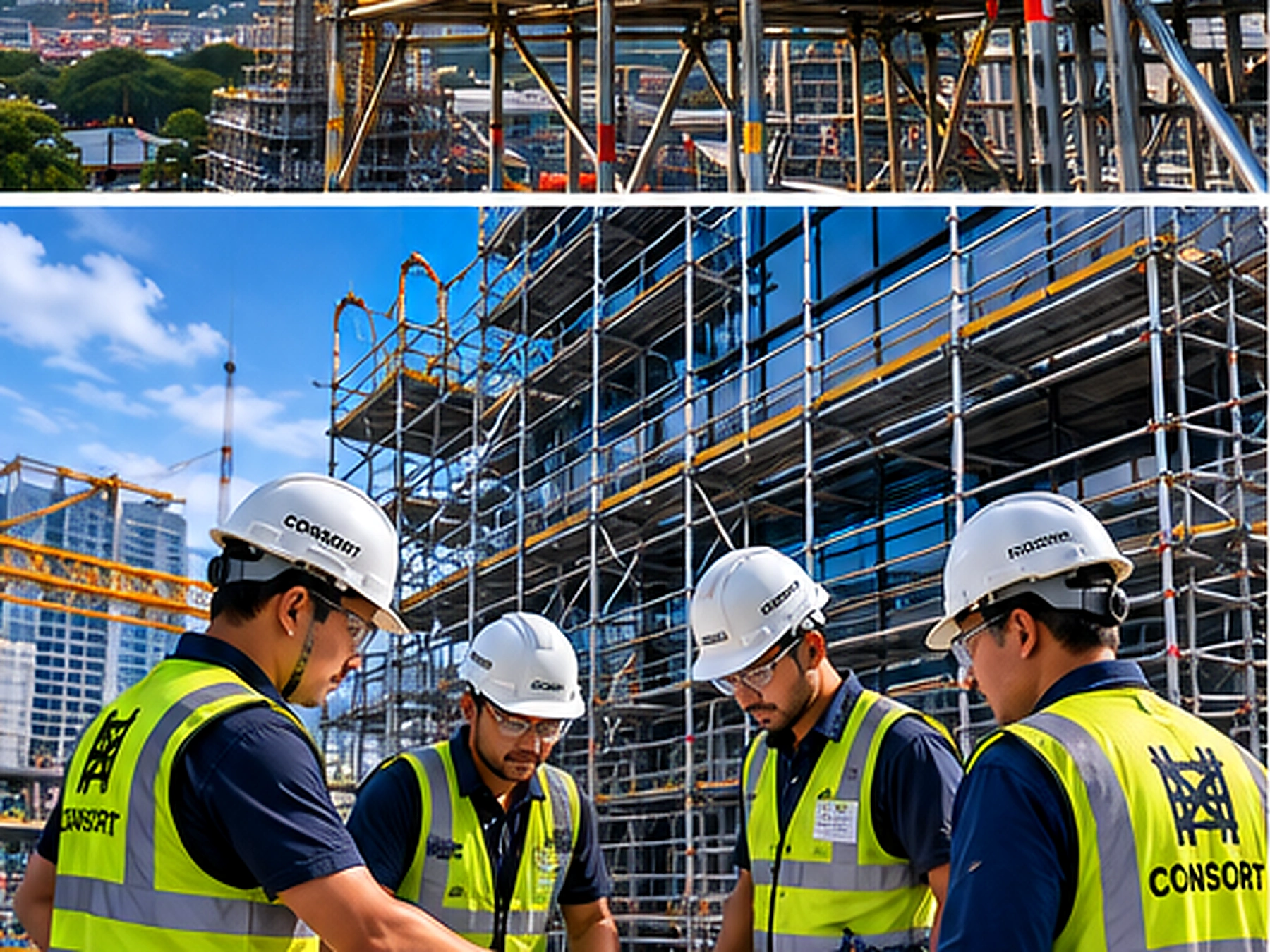 Technical site supervisors reviewing scaffold drawings beside an active workfront