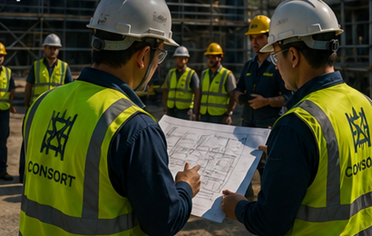 Technical site supervisors reviewing scaffold drawings beside an active workfront