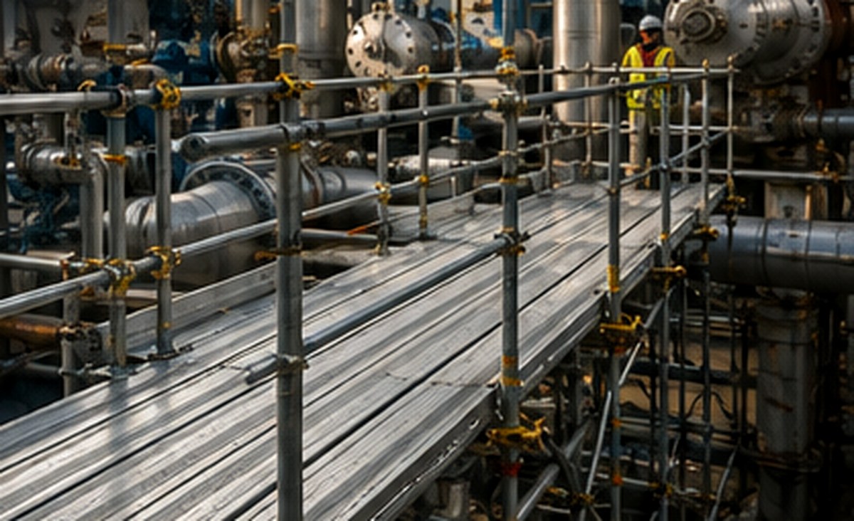 Temporary work platform and bridging deck configured around industrial equipment