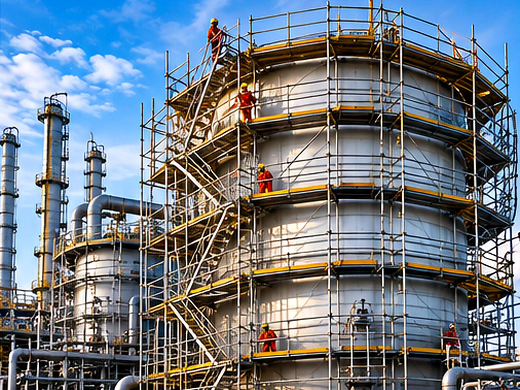 System scaffolding configured around a large industrial process vessel