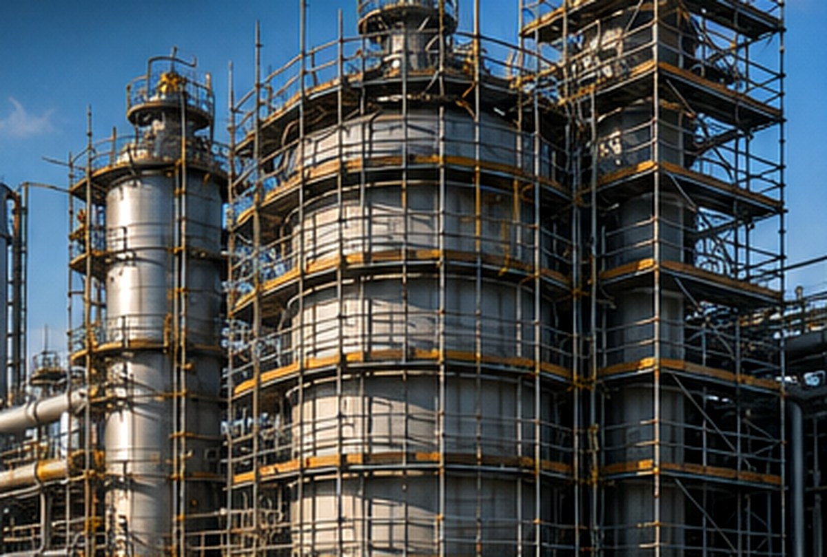 System scaffolding configured around a large industrial process vessel